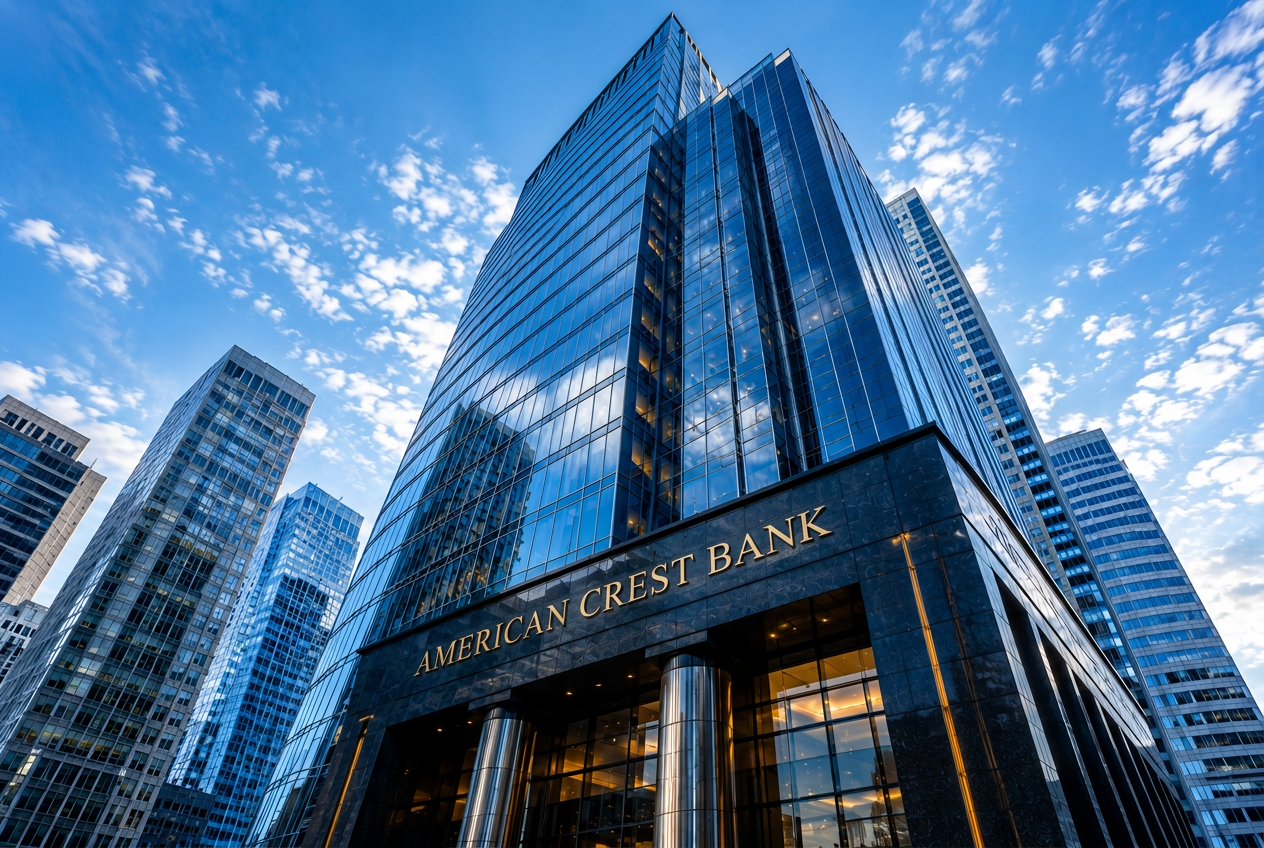 American Crest Bank corporate headquarters tower at dusk